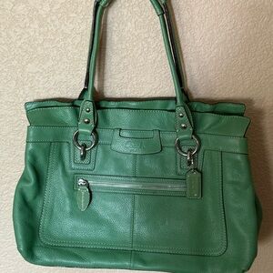 Coach Green Penelope Pebble Leather Shoulder Tote with Front Zip